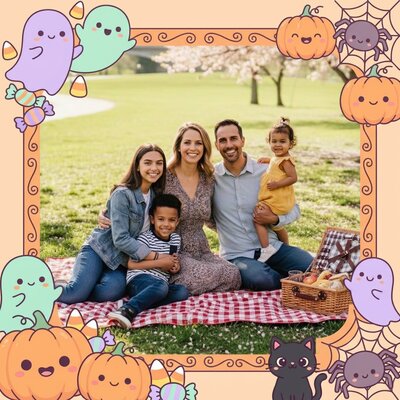 Cute Halloween card with friendly cartoon ghosts and candy, made for children