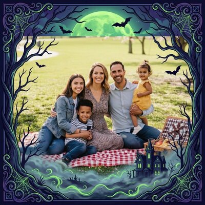 Gothic Halloween card with a full moon, bare trees and bats around a photo