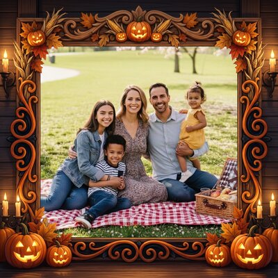 Halloween card with carved jack-o-lanterns and candlelight around a family photo