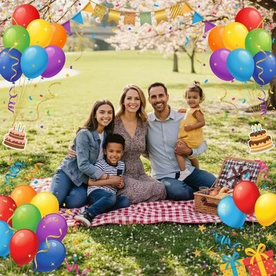 AI birthday card with balloons, confetti and the recipient's photo in a frame