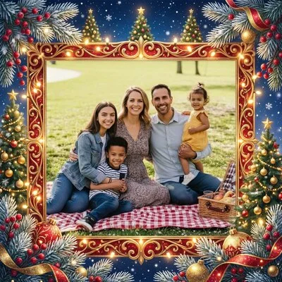 AI Christmas card with festive ornaments around a family photo