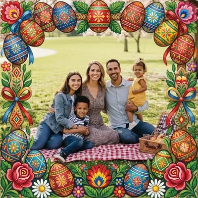 AI Easter card in folk style with egg motifs