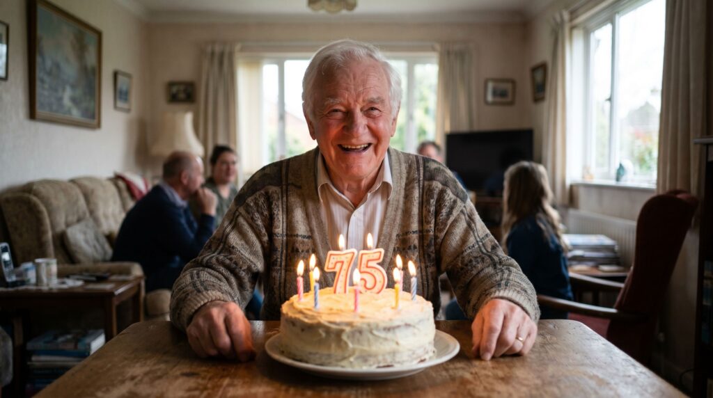 Happy elderly grandfather smiling at his birthday cake with family