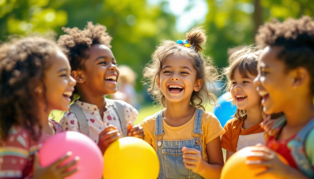 Children's Day wishes – happy diverse children with colorful balloons in a park