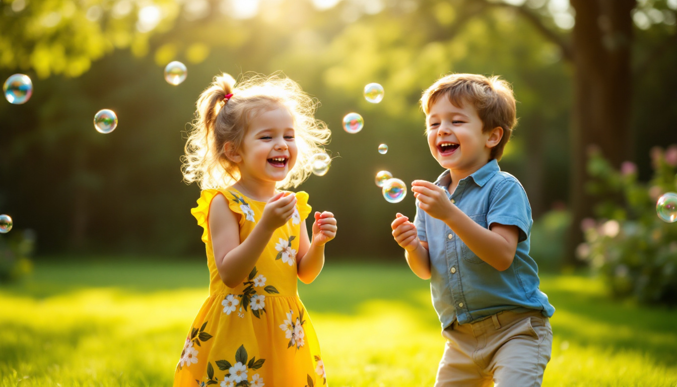Children blowing soap bubbles outdoors on Children's Day