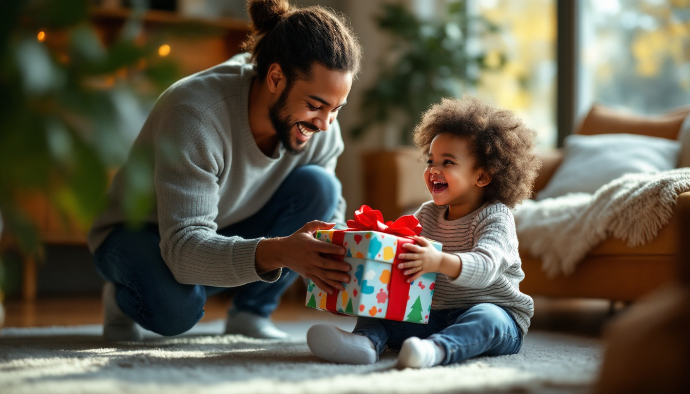 A child receiving a wrapped gift from a parent on Children's Day