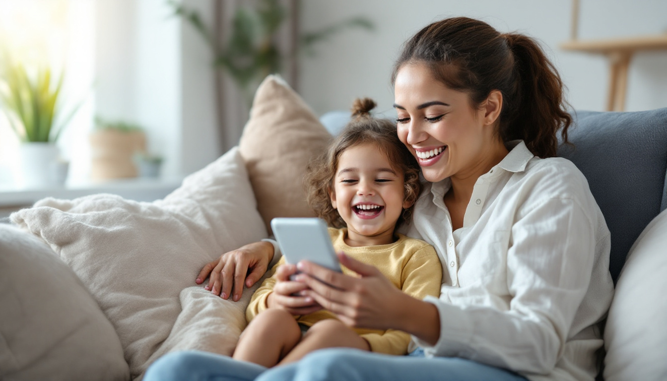 A mother and child creating Children's Day wishes on a smartphone