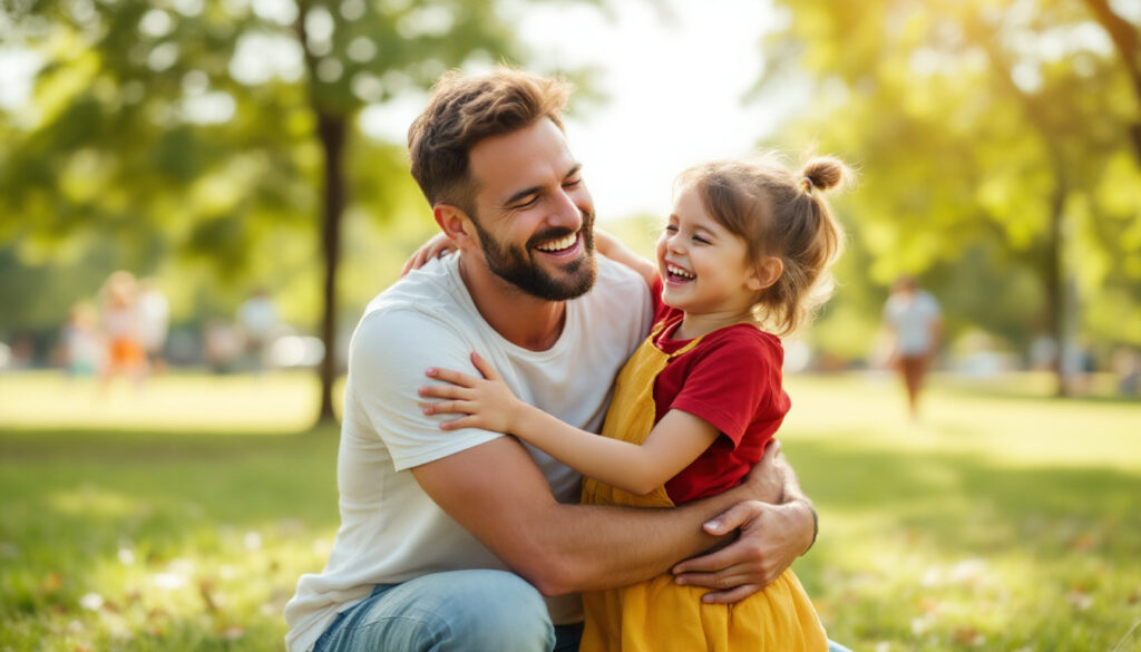 Father's Day wishes – a dad hugging his laughing daughter in a park