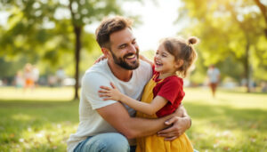 Father's Day wishes – a dad hugging his laughing daughter in a park