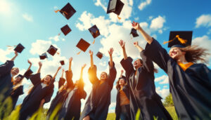 Graduation wishes – happy graduates throwing their caps in the air