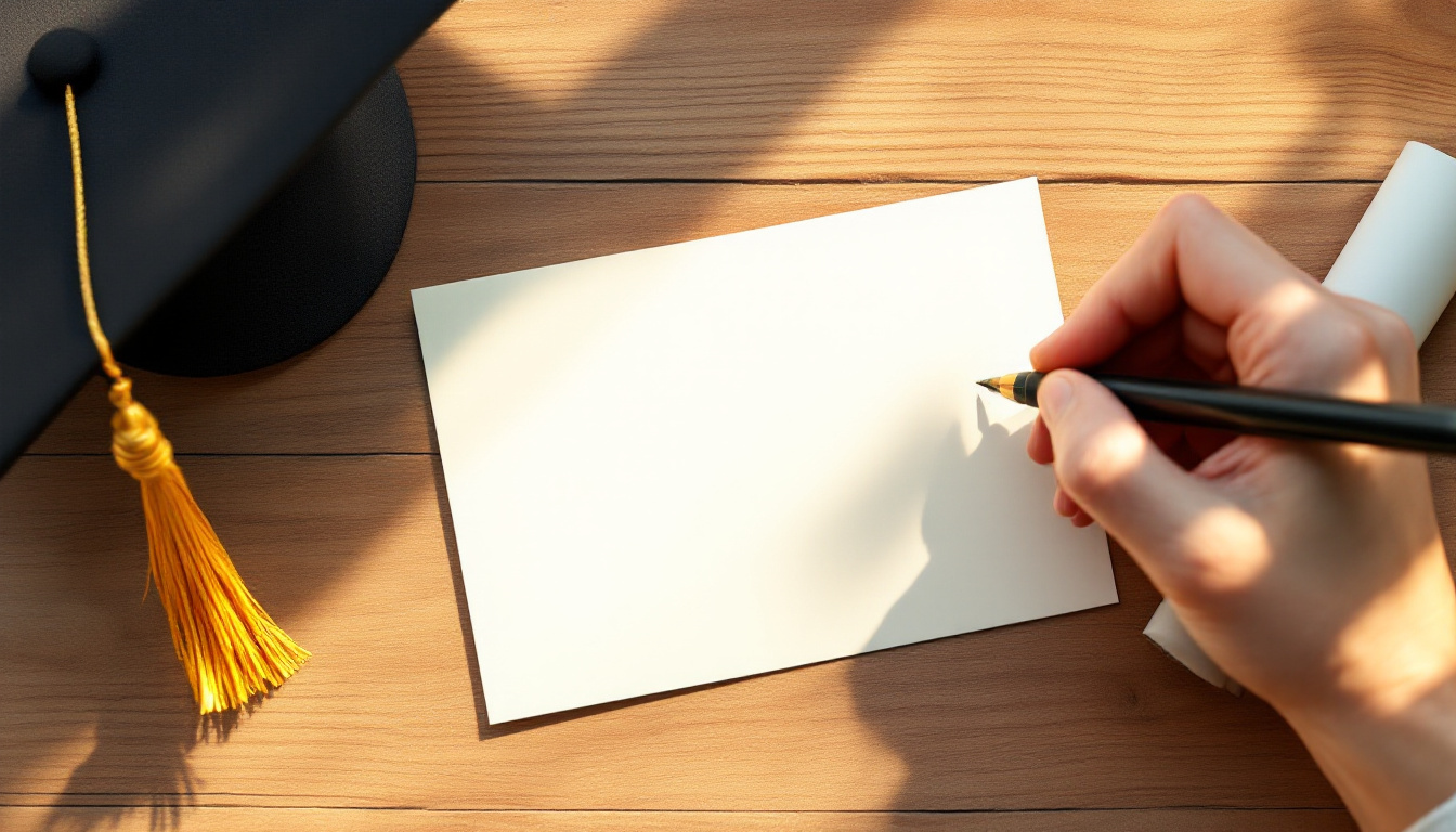 Writing graduation wishes by hand in a card next to a graduation cap
