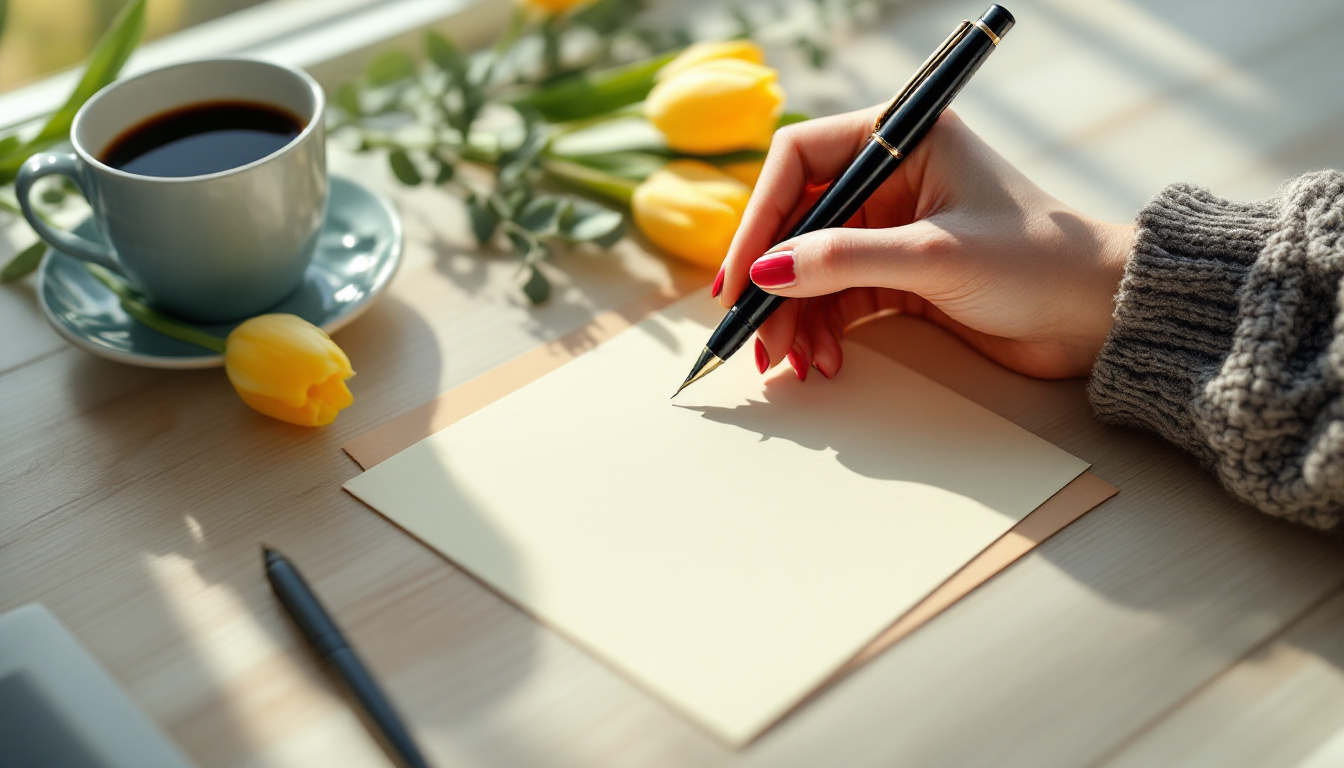Writing Mother's Day wishes by hand in a greeting card for mom