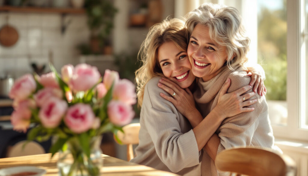 Mother's Day wishes – a mother hugging her adult daughter next to a bouquet of flowers
