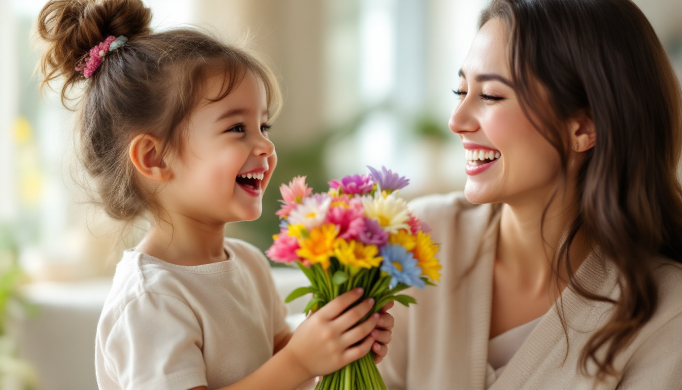 A child giving a bouquet of flowers to mom on Mother's Day