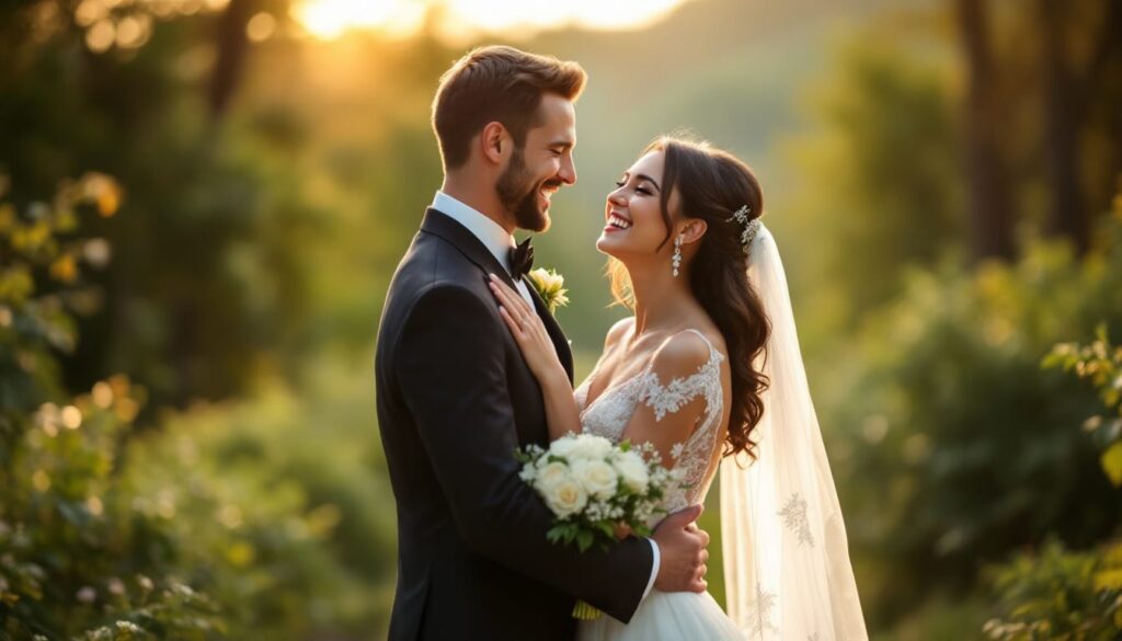 Wedding wishes – a happy bride and groom embracing at golden hour