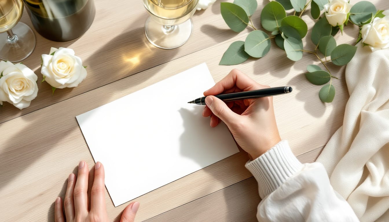 Writing wedding wishes by hand in a card for the newlyweds