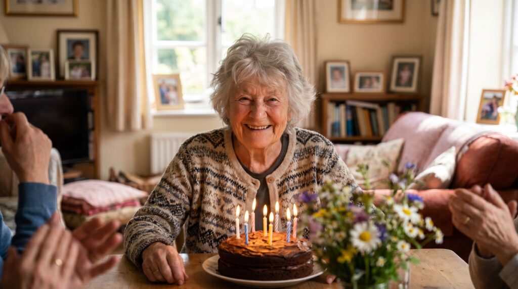 Happy elderly grandmother smiling at her birthday cake with family