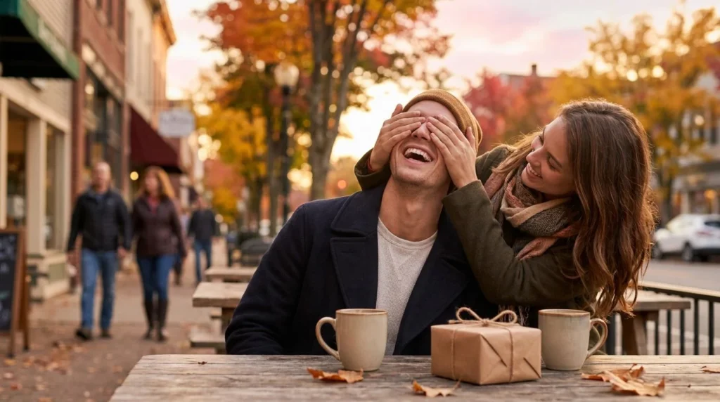 Girlfriend surprising her boyfriend on National Boyfriend Day at an autumn cafe