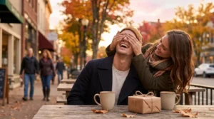 Girlfriend surprising her boyfriend on National Boyfriend Day at an autumn cafe